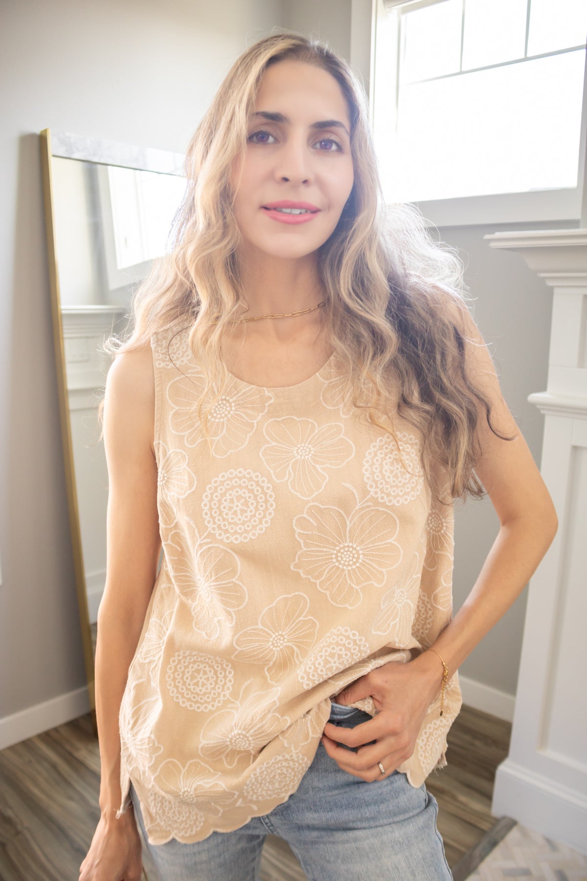 Floral Embroidery Linen Top in Sand