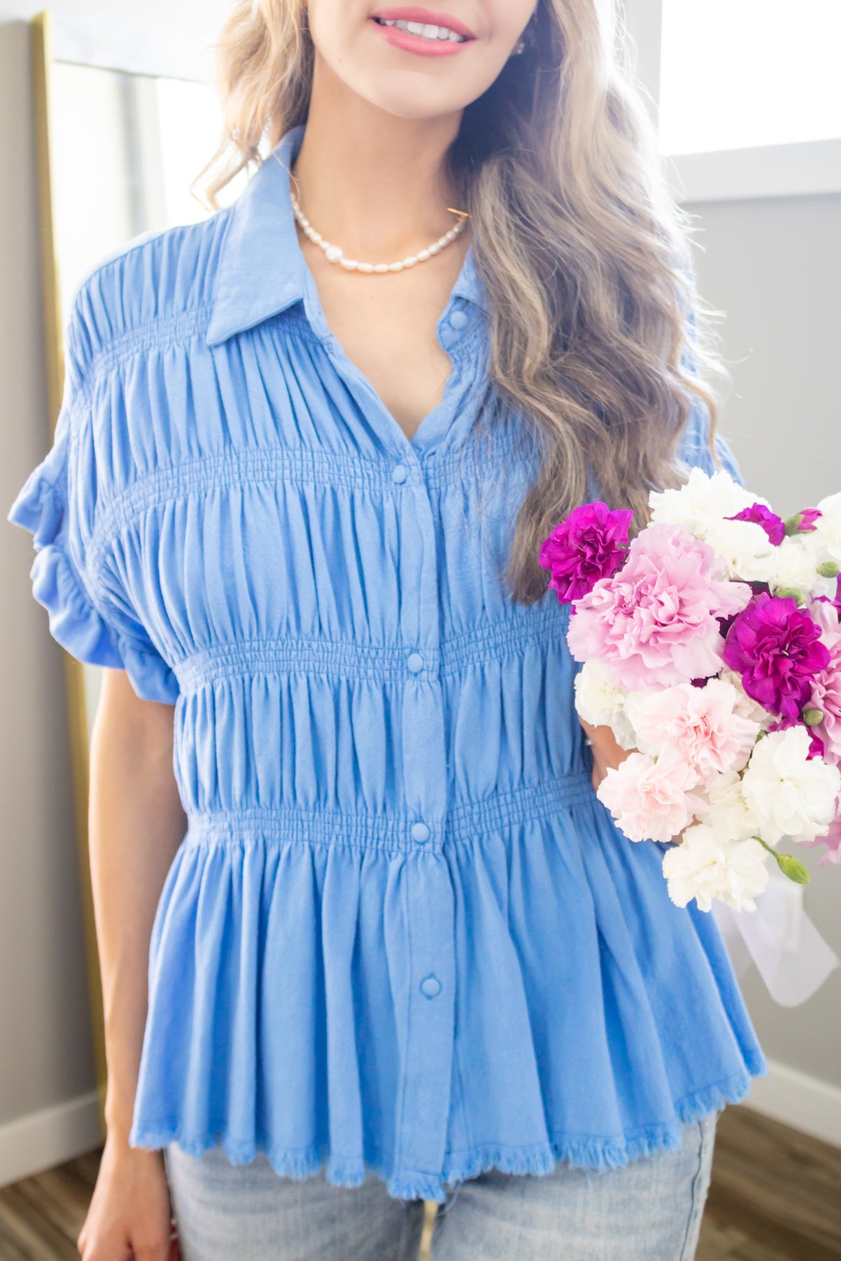 Petunia Washed Linen Smocked Babydoll Top