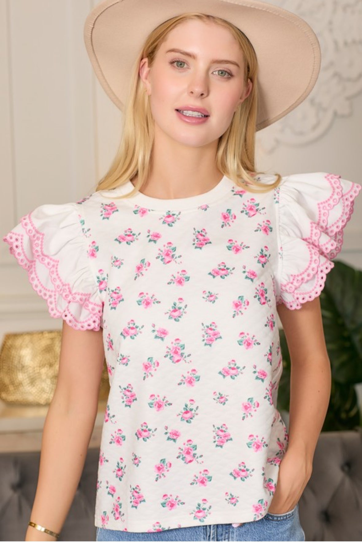 Eyelets & Roses Ruffle Sleeve Top -preorder