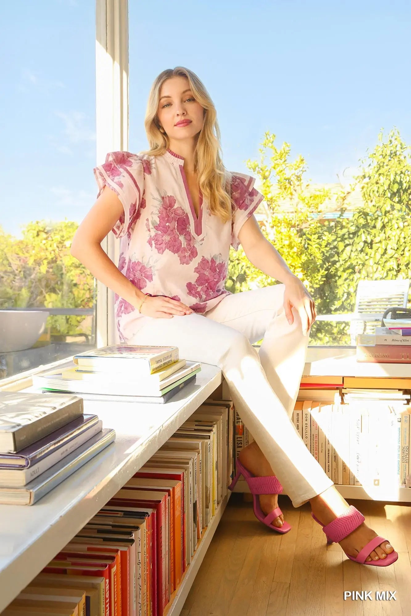 Bloom With Me Floral Cotton Ruffle Blouse in Peony