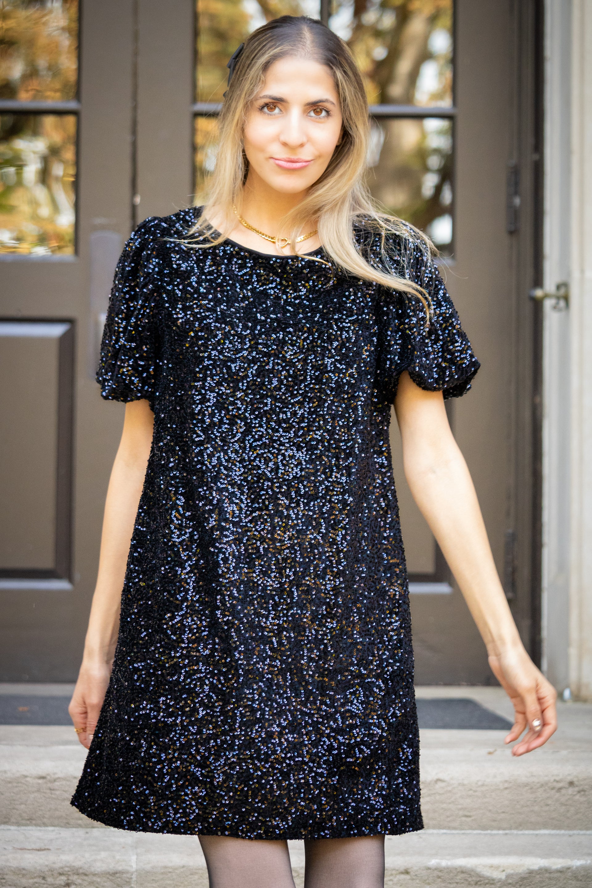 short sleeve sequin dresses Womens Love & Roses Multi Sequin Puff Sleeve Mini Dress US 18