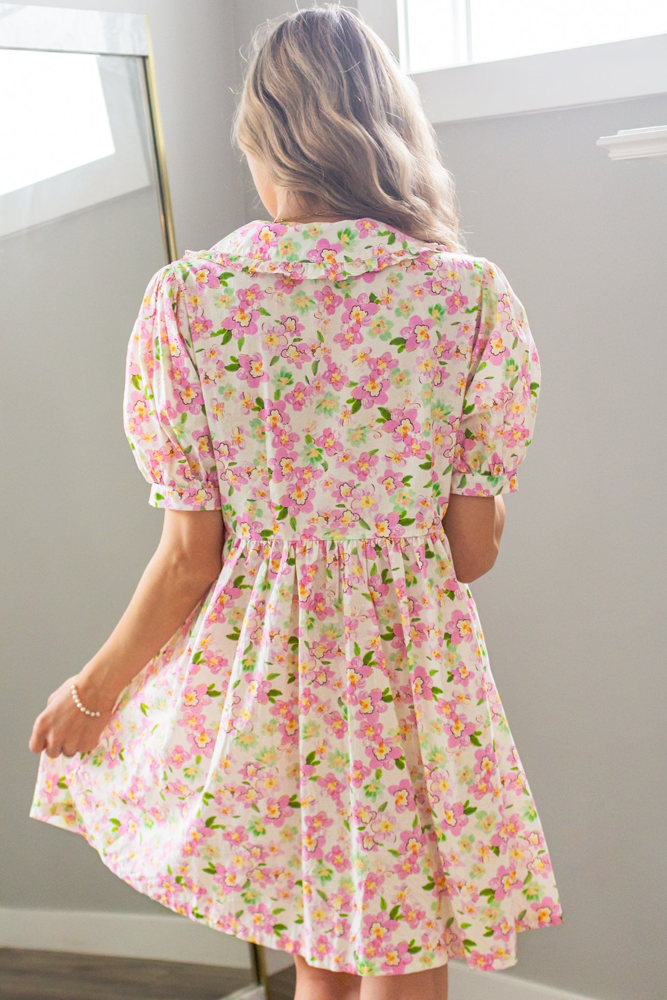 Cherry Blossom Peter Pan Collar Cotton Dress in Blush