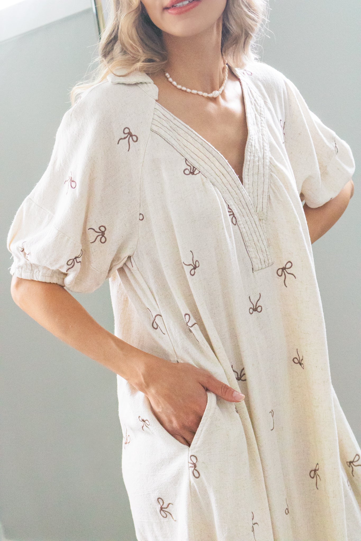 In Love with Life Bow Embroidery Linen Dress