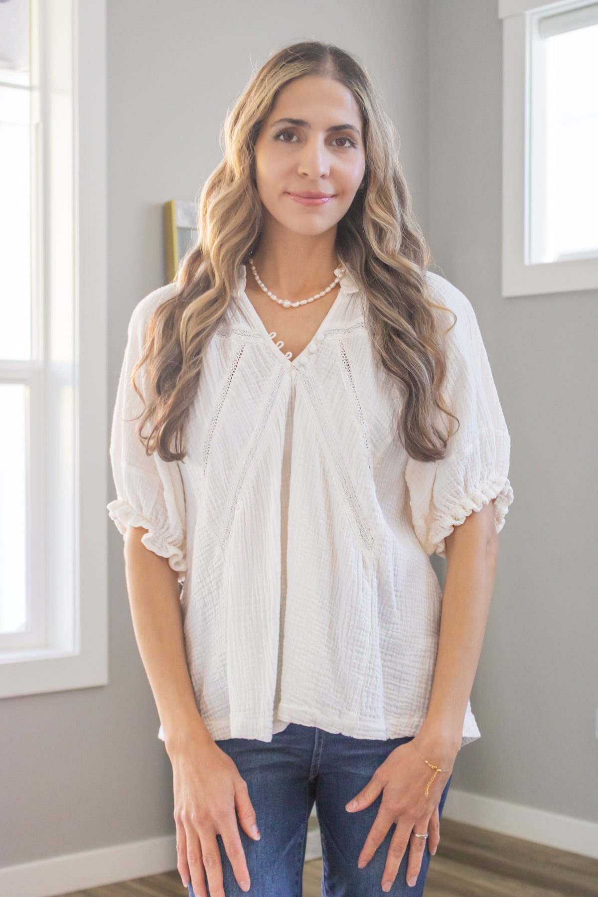 Sweet Cream Cotton Gauzy Puffy Sleeve Ruffle Top