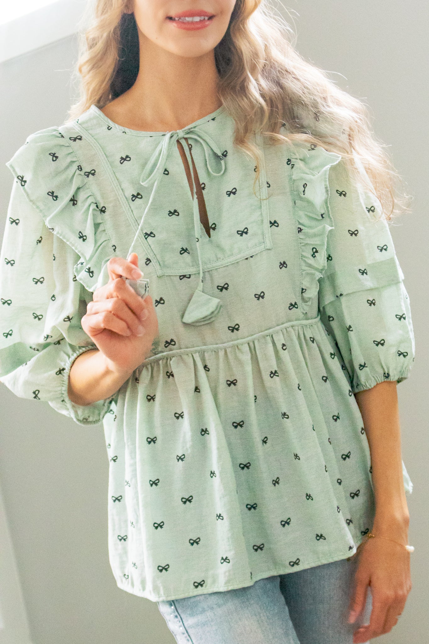 Tea For Two Babydoll Bow Blouse In Mint & Chip