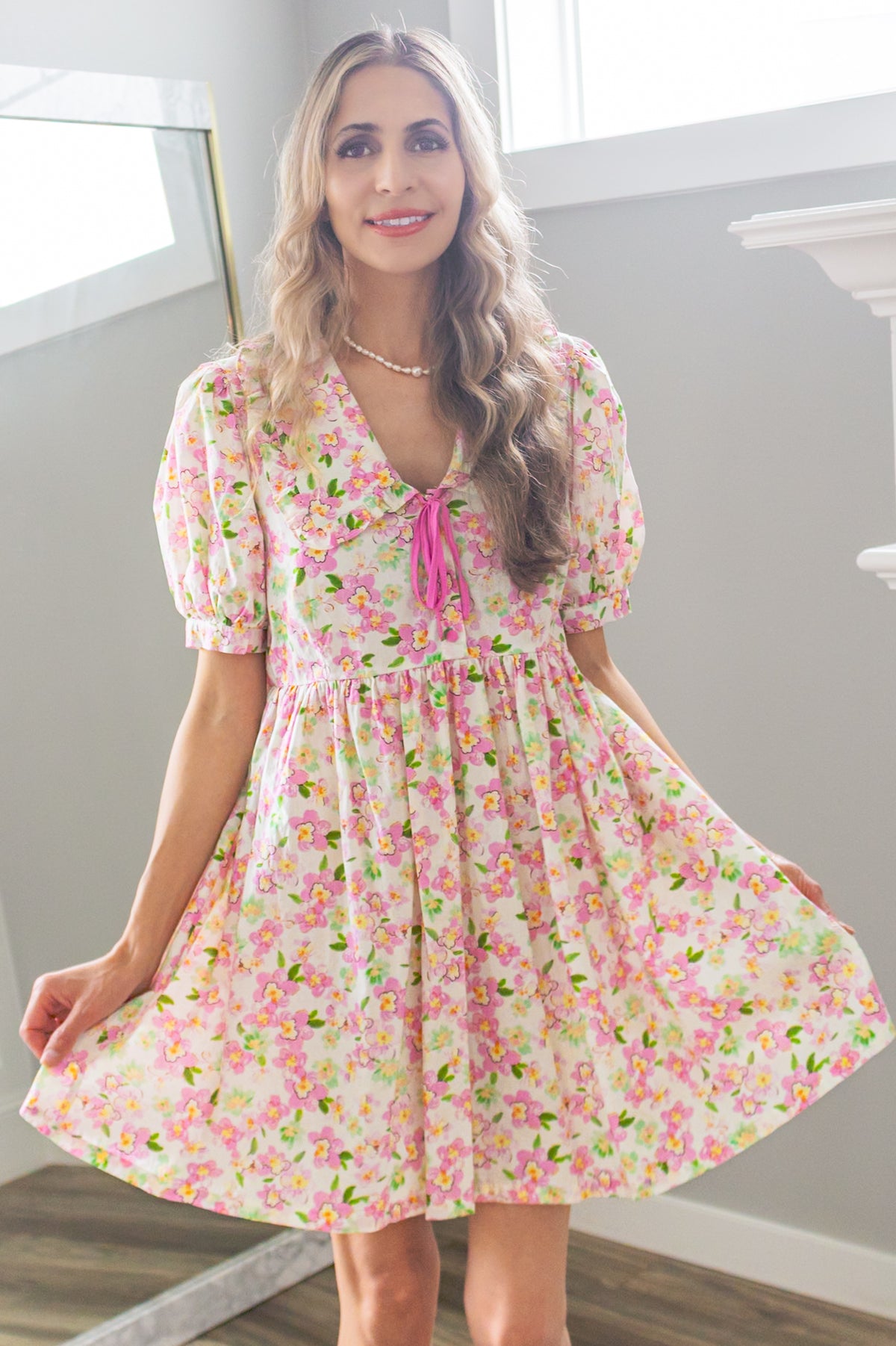Cherry Blossom Peter Pan Collar Cotton Dress in Blush