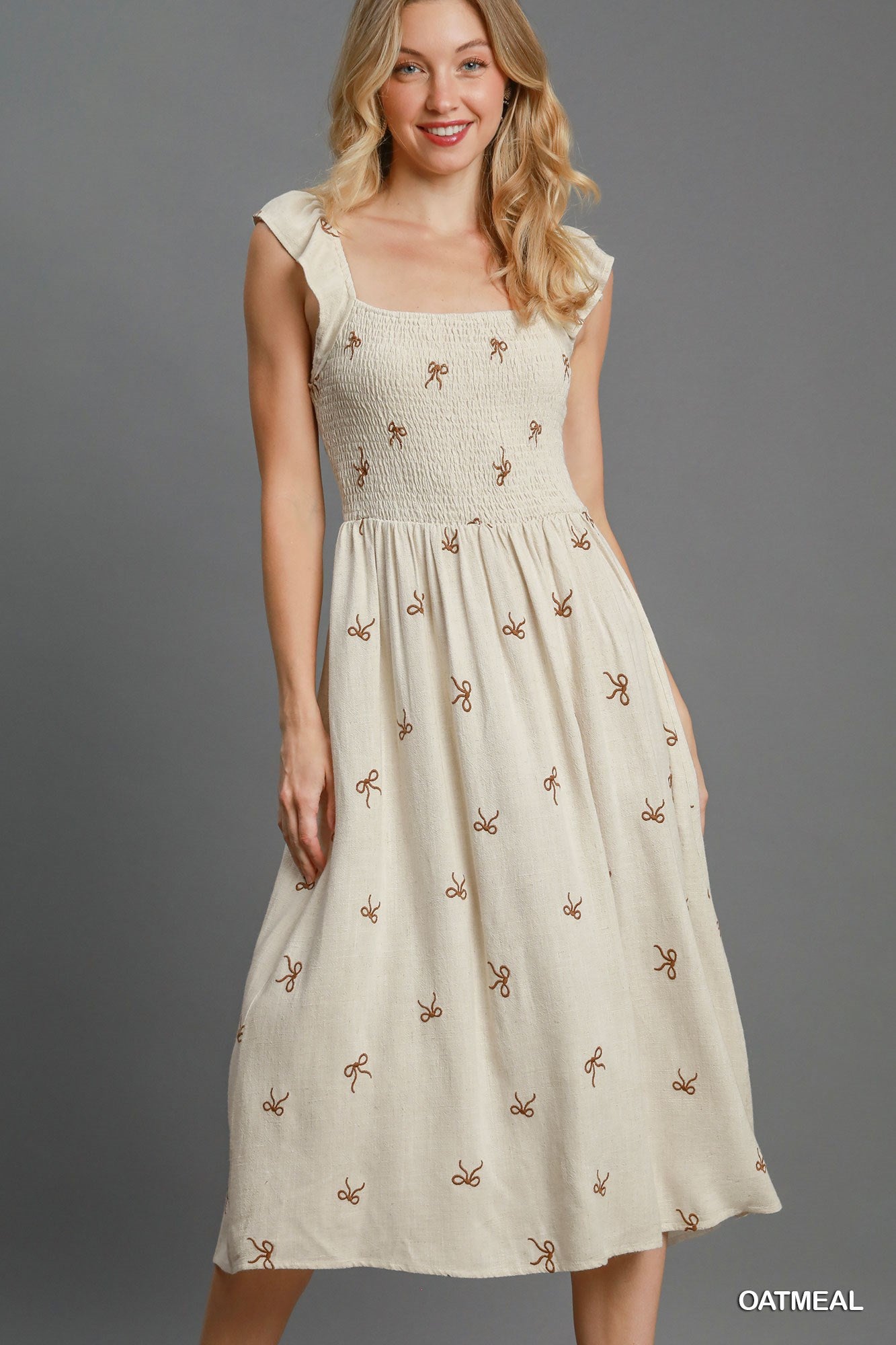 Cottage Cutie Linen Bow Midi Dress