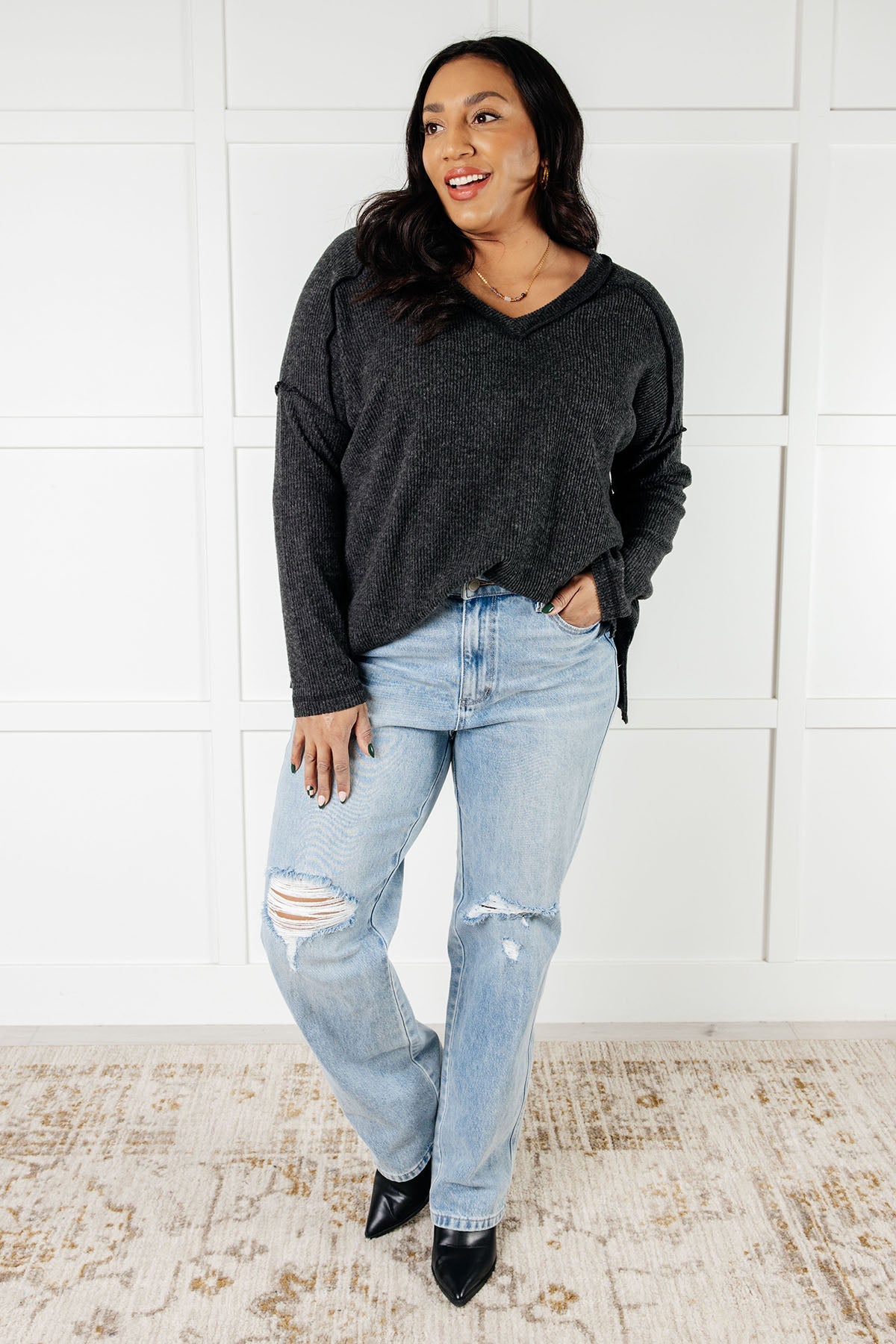 Warm & Cozy Hacci Knit Top in Black