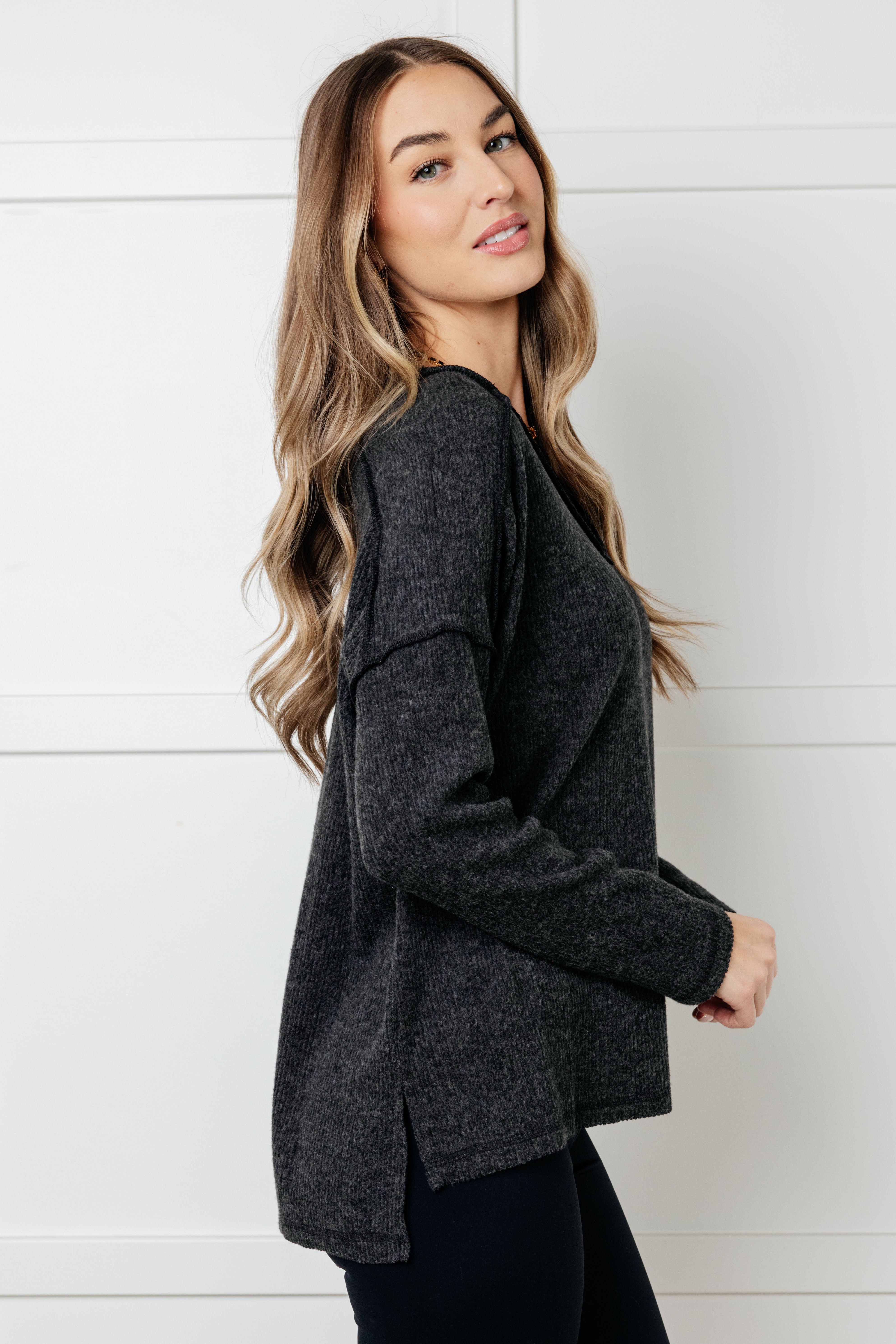 Warm & Cozy Hacci Knit Top in Black