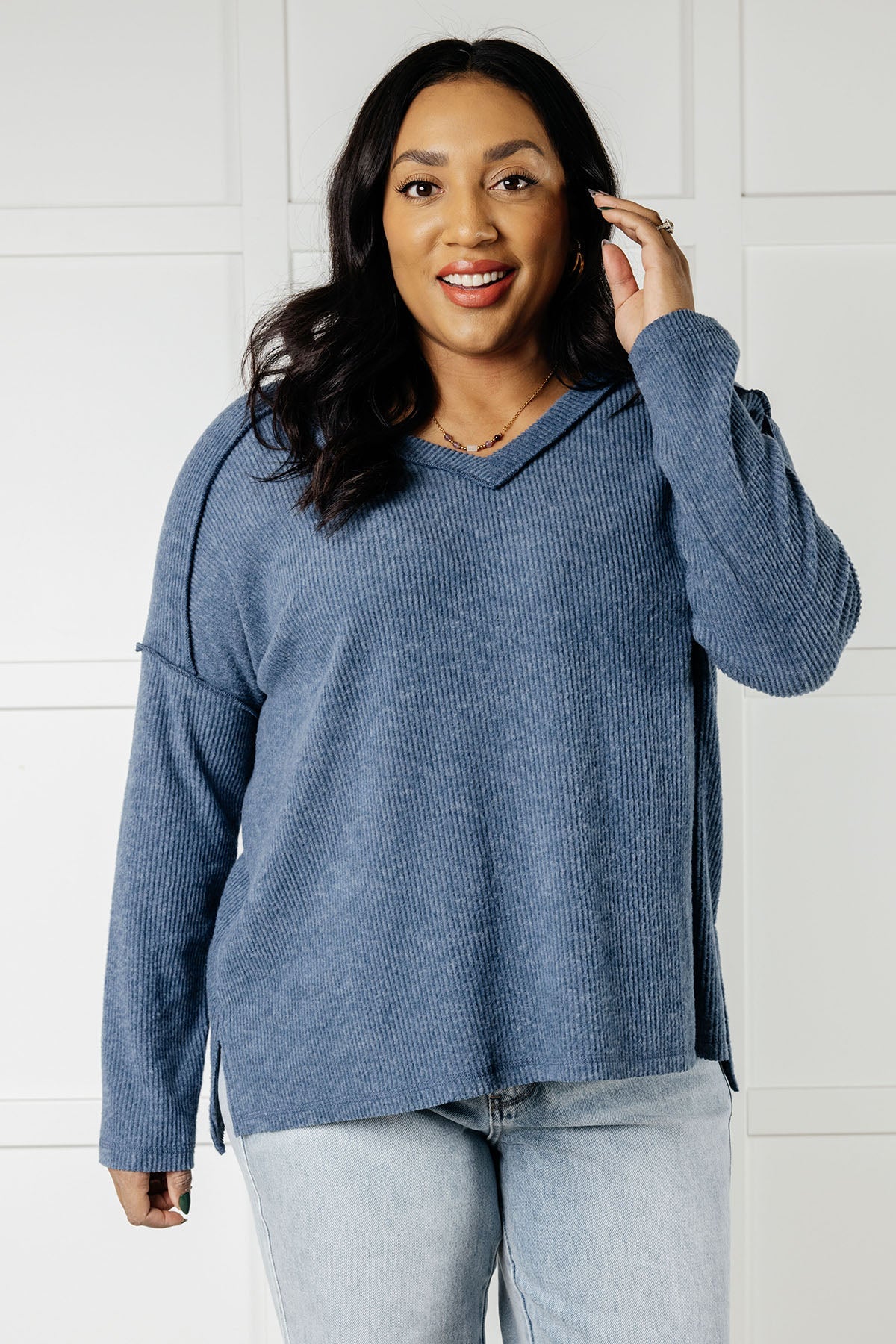 Warm & Cozy Hacci Knit Top in Blue