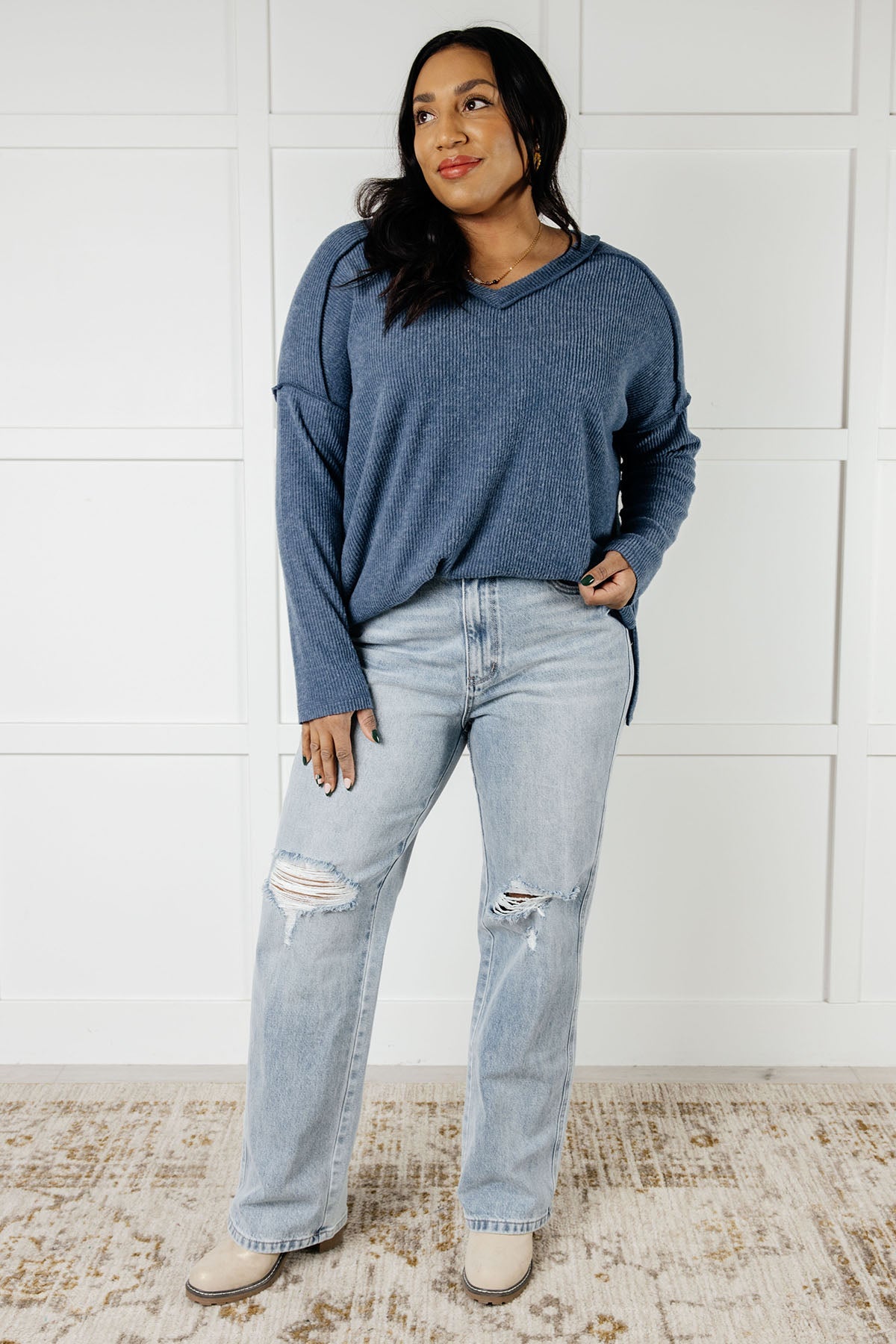 Warm & Cozy Hacci Knit Top in Blue