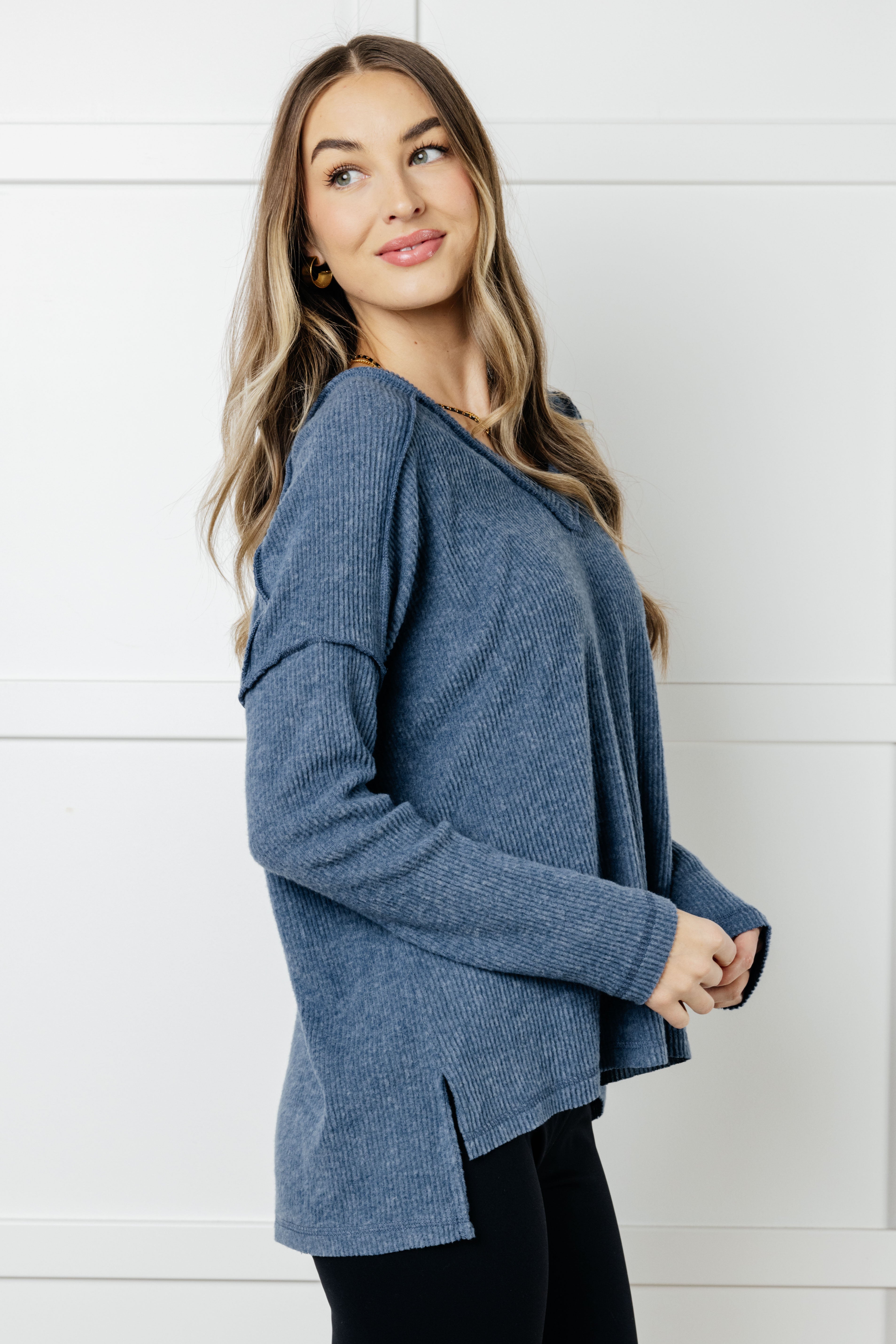 Warm & Cozy Hacci Knit Top in Blue