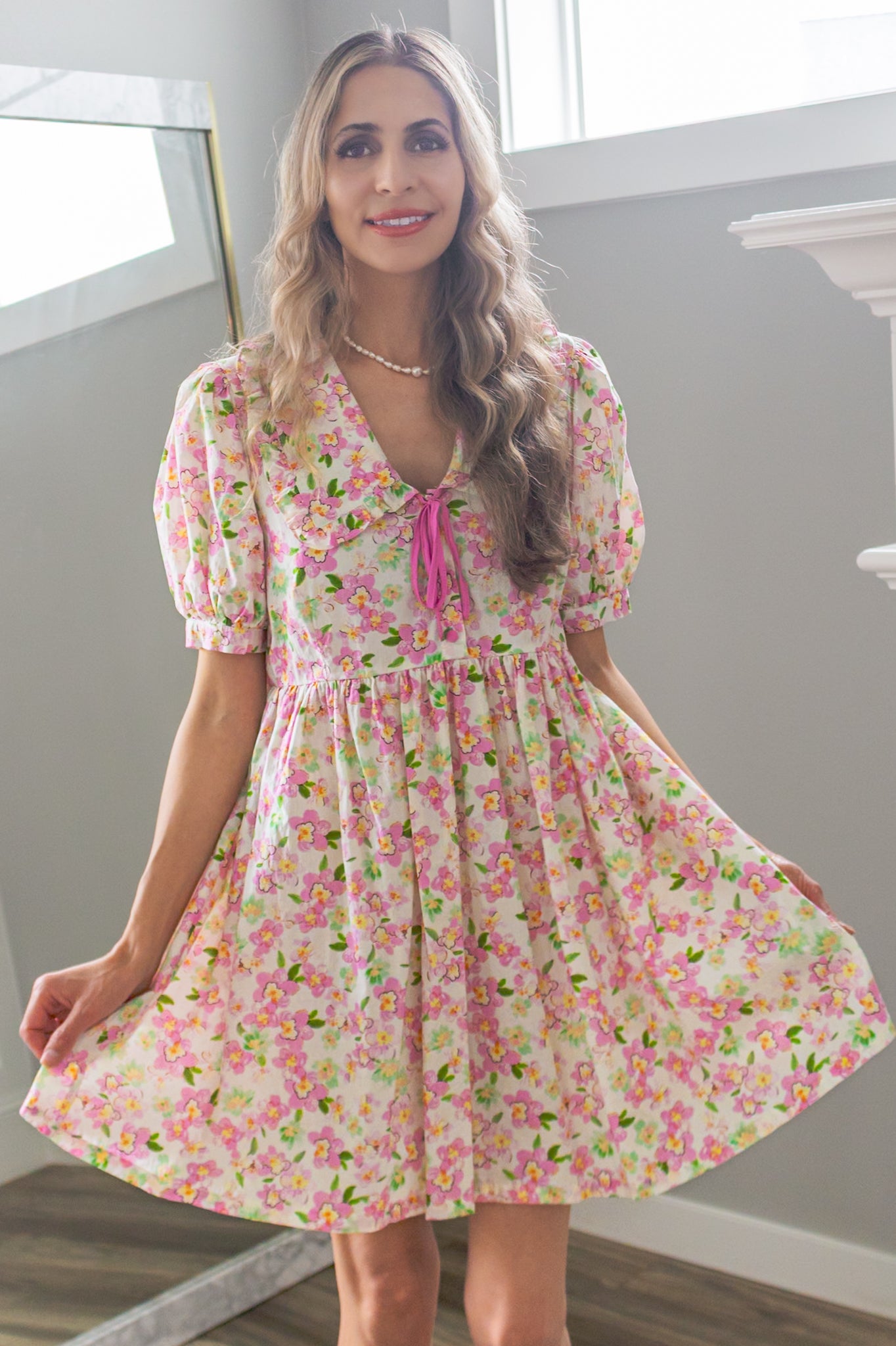 Cherry Blossom Peter Pan Collar Cotton Dress in Blush