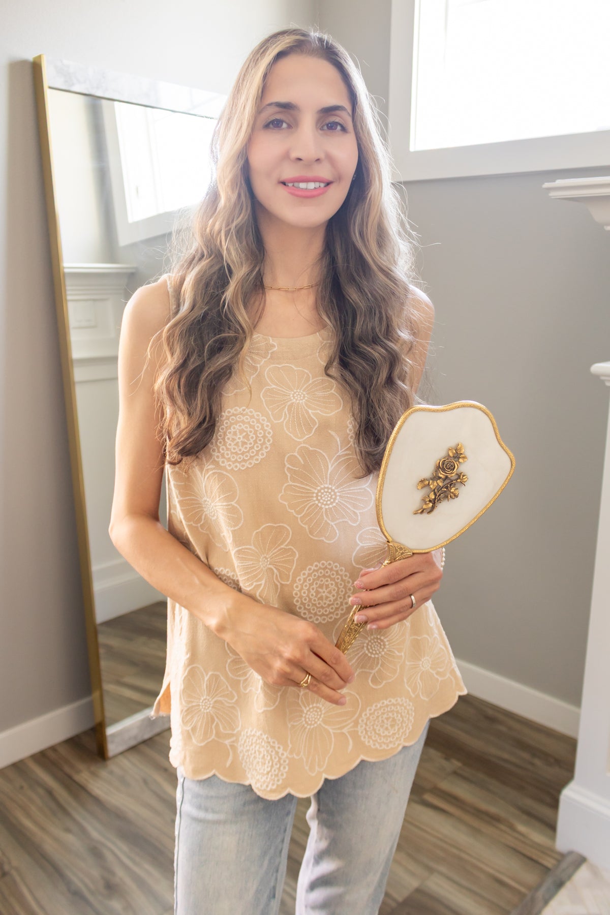 Floral Embroidery Linen Top in Sand