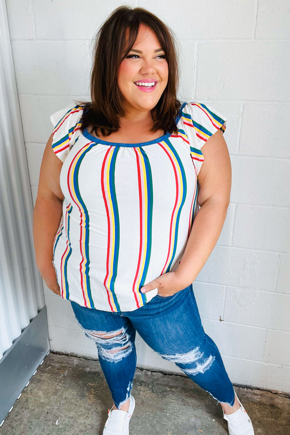 Multicolor Striped Raglan Flutter Sleeve Top -SALE-