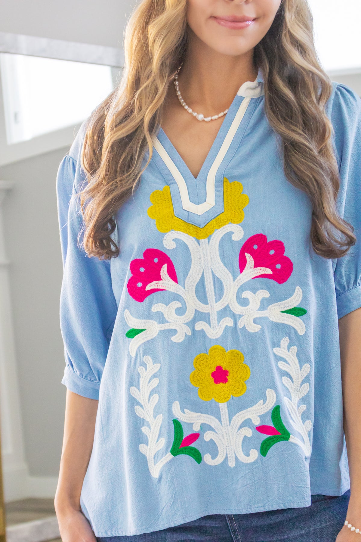 Watering The Garden Linen Blouse in Periwinkle
