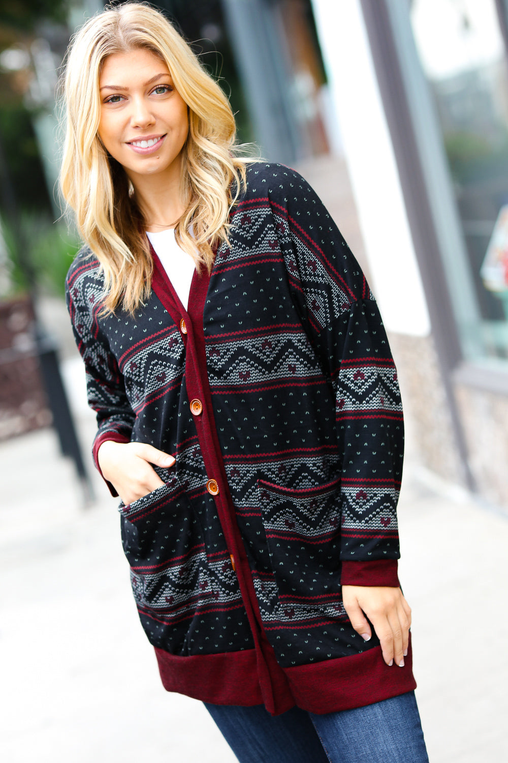 All Class Burgundy Holiday Print Button Cardigan