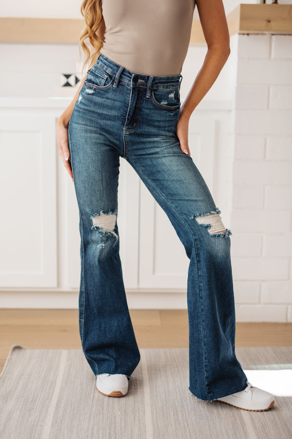 Judy Blue Cassandra High Rise Control Top Distressed Flare Jeans