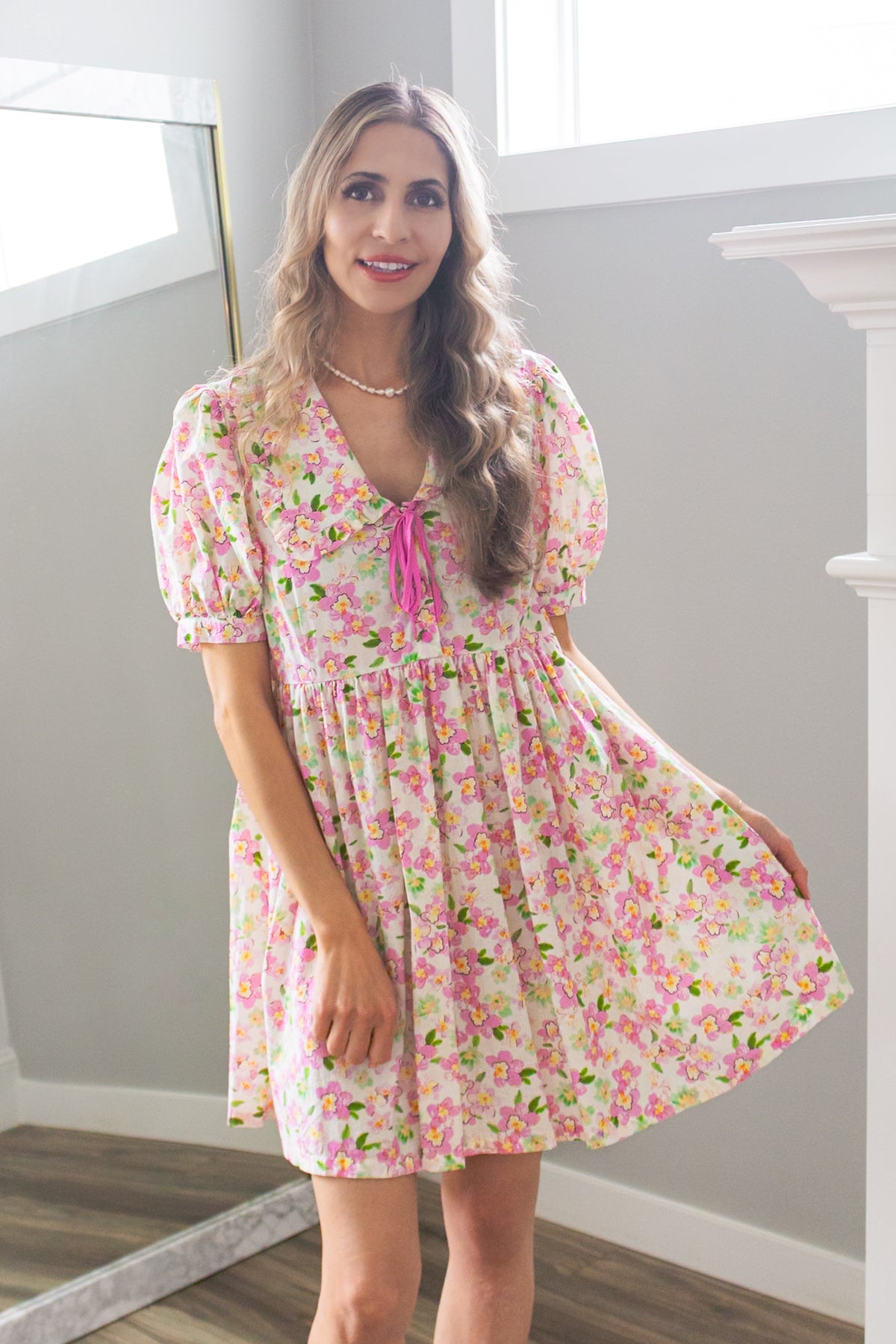 Cherry Blossom Peter Pan Collar Cotton Dress in Blush