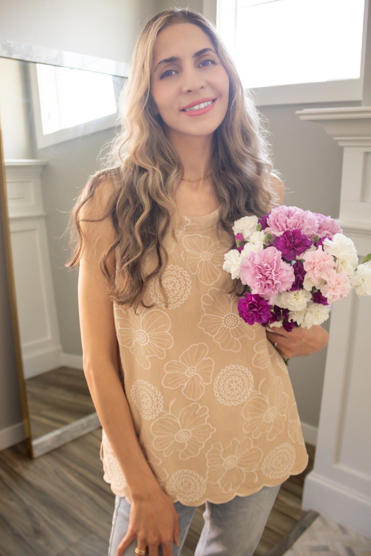 Floral Embroidery Linen Top in Sand