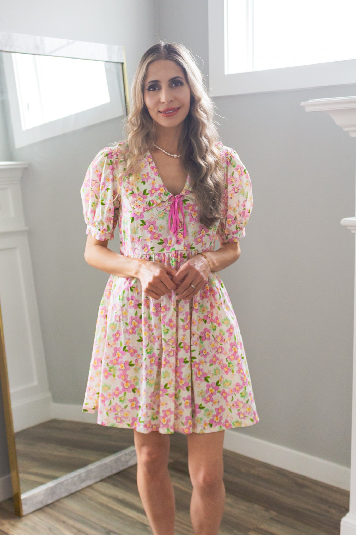 Cherry Blossom Peter Pan Collar Cotton Dress in Blush