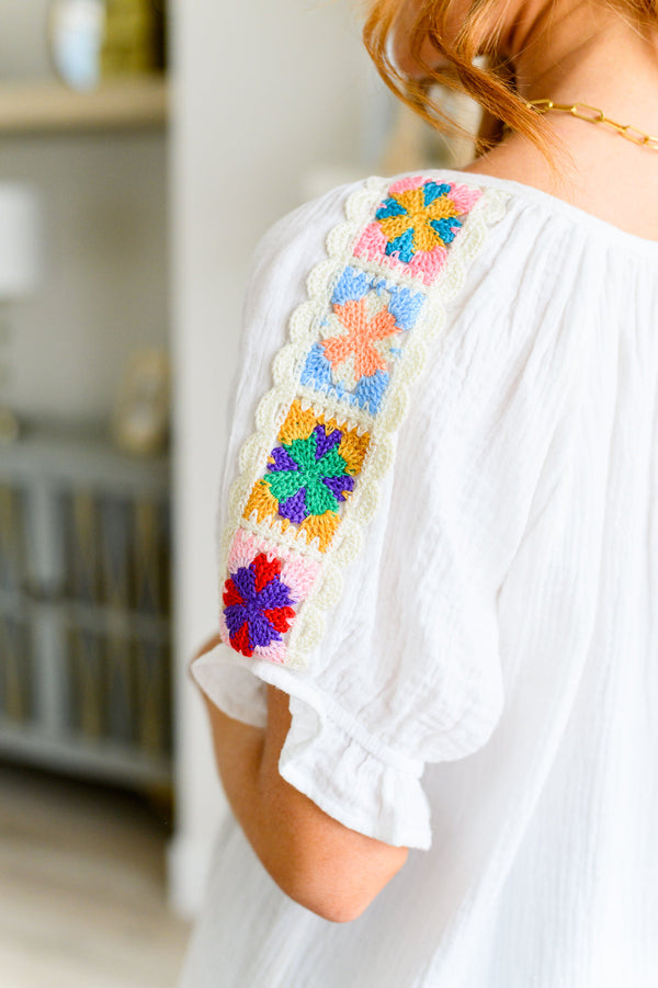 Bohemian Cotton Crochet Detail Crinkle Knit Blouse