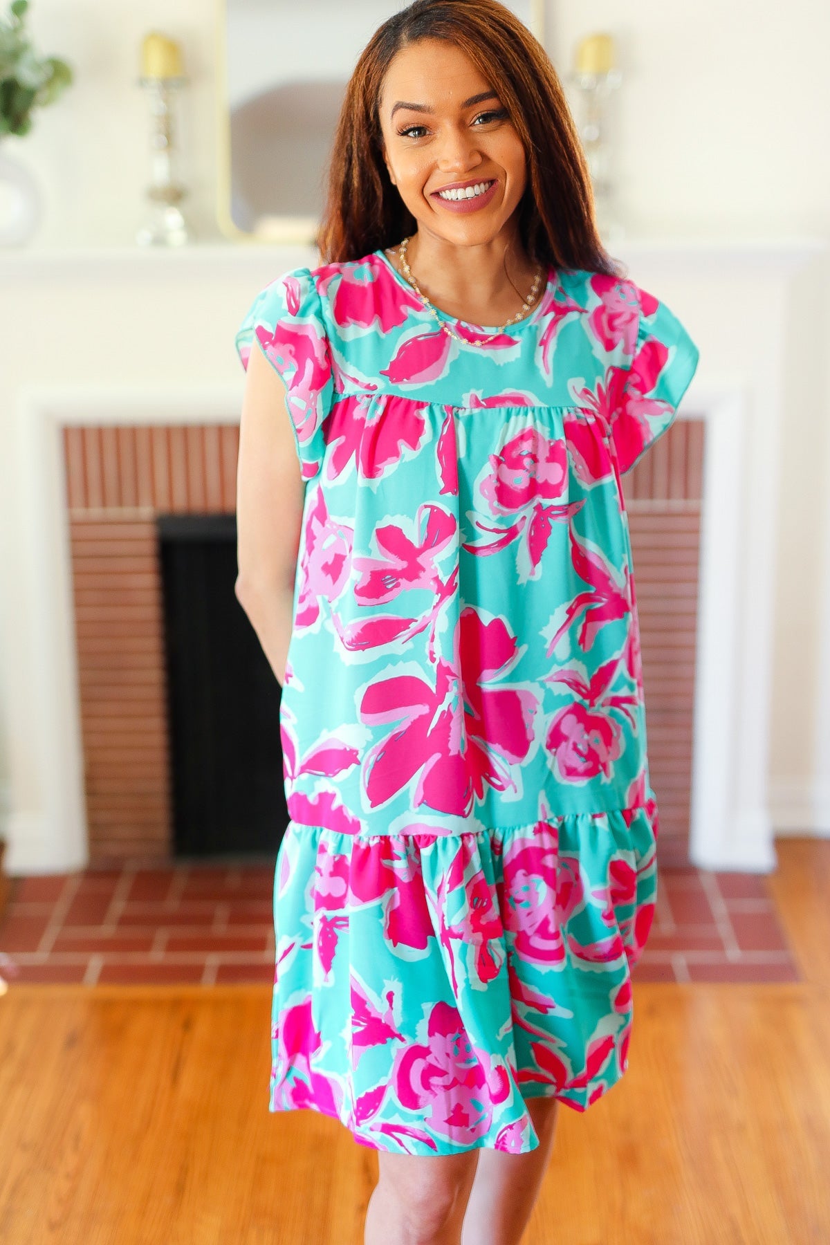 Dreaming Aqua & Fuchsia Floral Print Tiered Ruffle Sleeve Dress