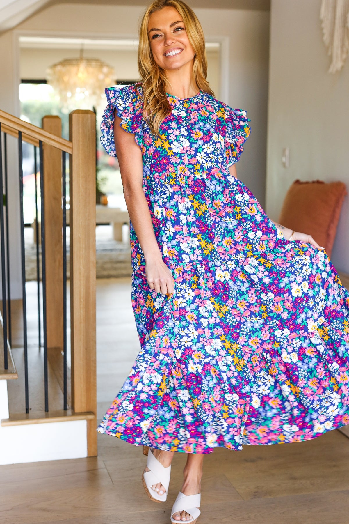 Just A Dream Navy Floral Smocked Ruffle Sleeve Maxi Dress -SALE-