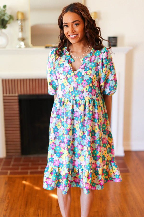 Can't Say No Mint & Fuchsia Floral Notch Neck Bubble Sleeve Dress