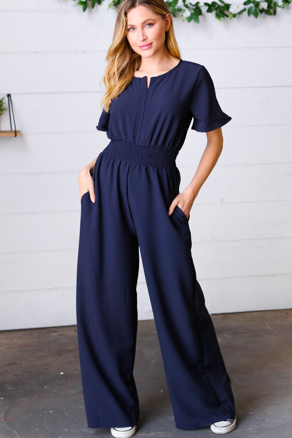 Dark Blue Smocked Waist Notch Neck Crepe Jumpsuit -SALE-