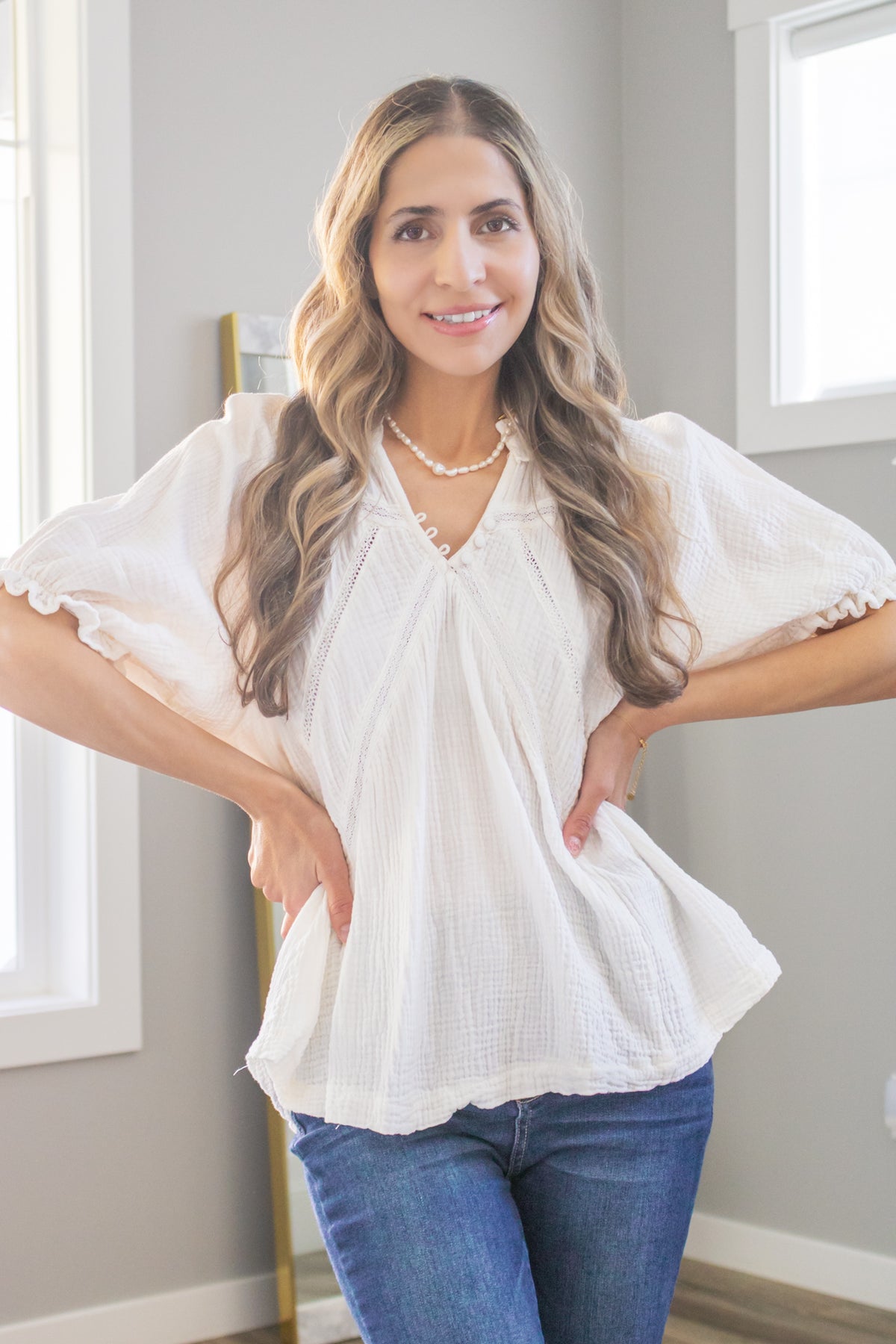 Sweet Cream Cotton Gauzy Puffy Sleeve Ruffle Top