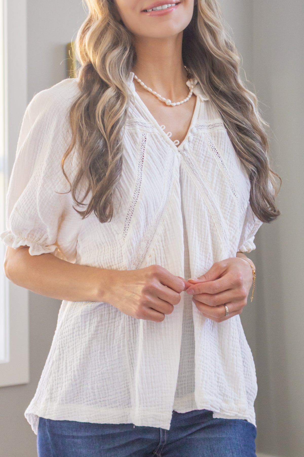 Sweet Cream Cotton Gauzy Puffy Sleeve Ruffle Top