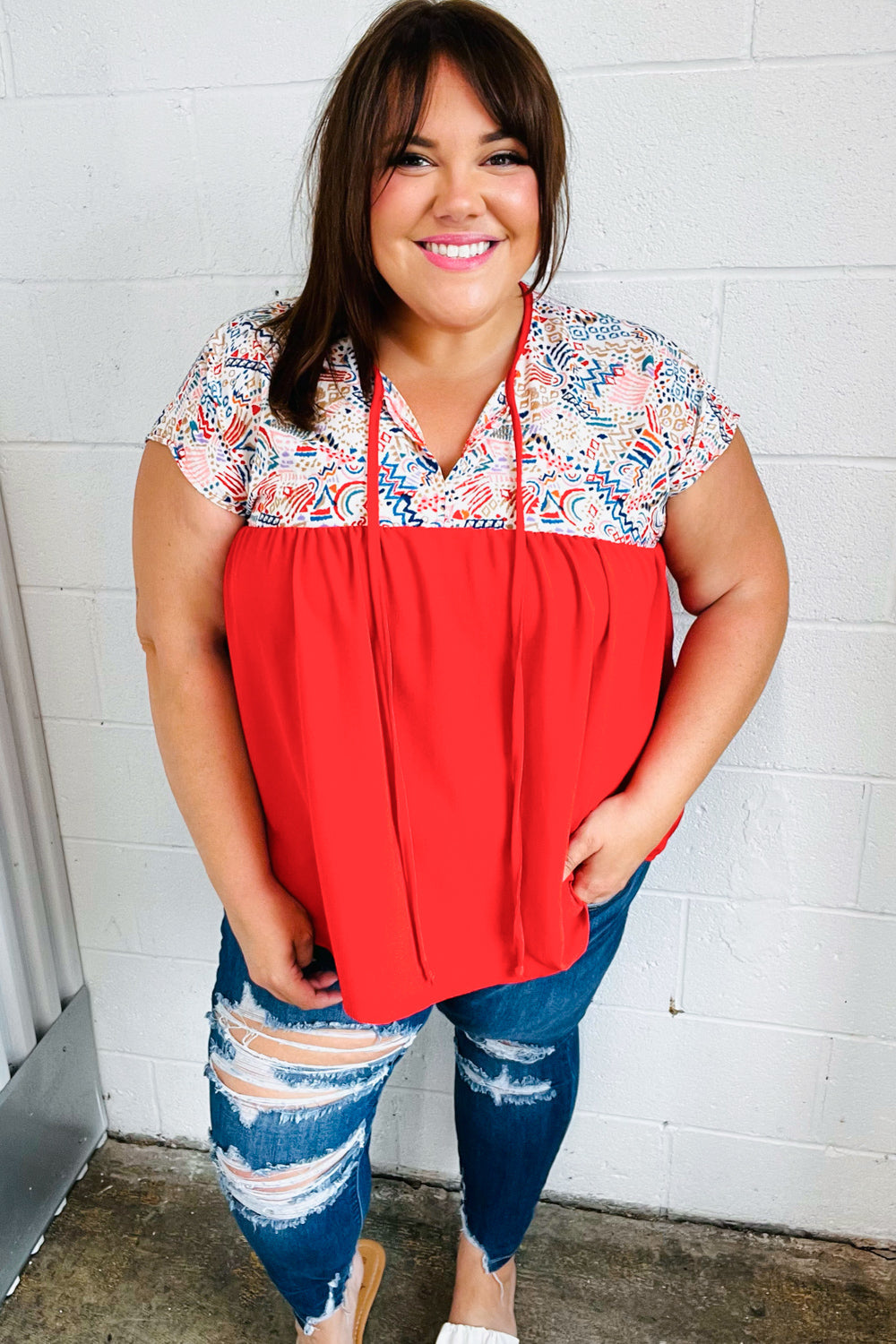 Red Boho Print Tie Neck Dolman Top -SALE-