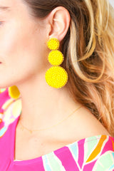 Canary & Gold Beaded Round Pendant Earrings