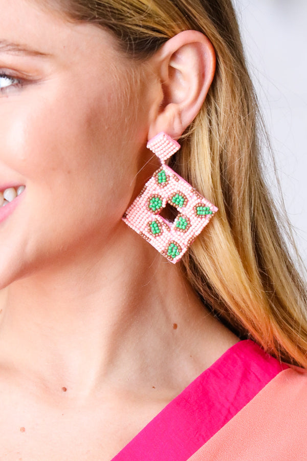 Pink & Green Beaded Square Drop Earrings