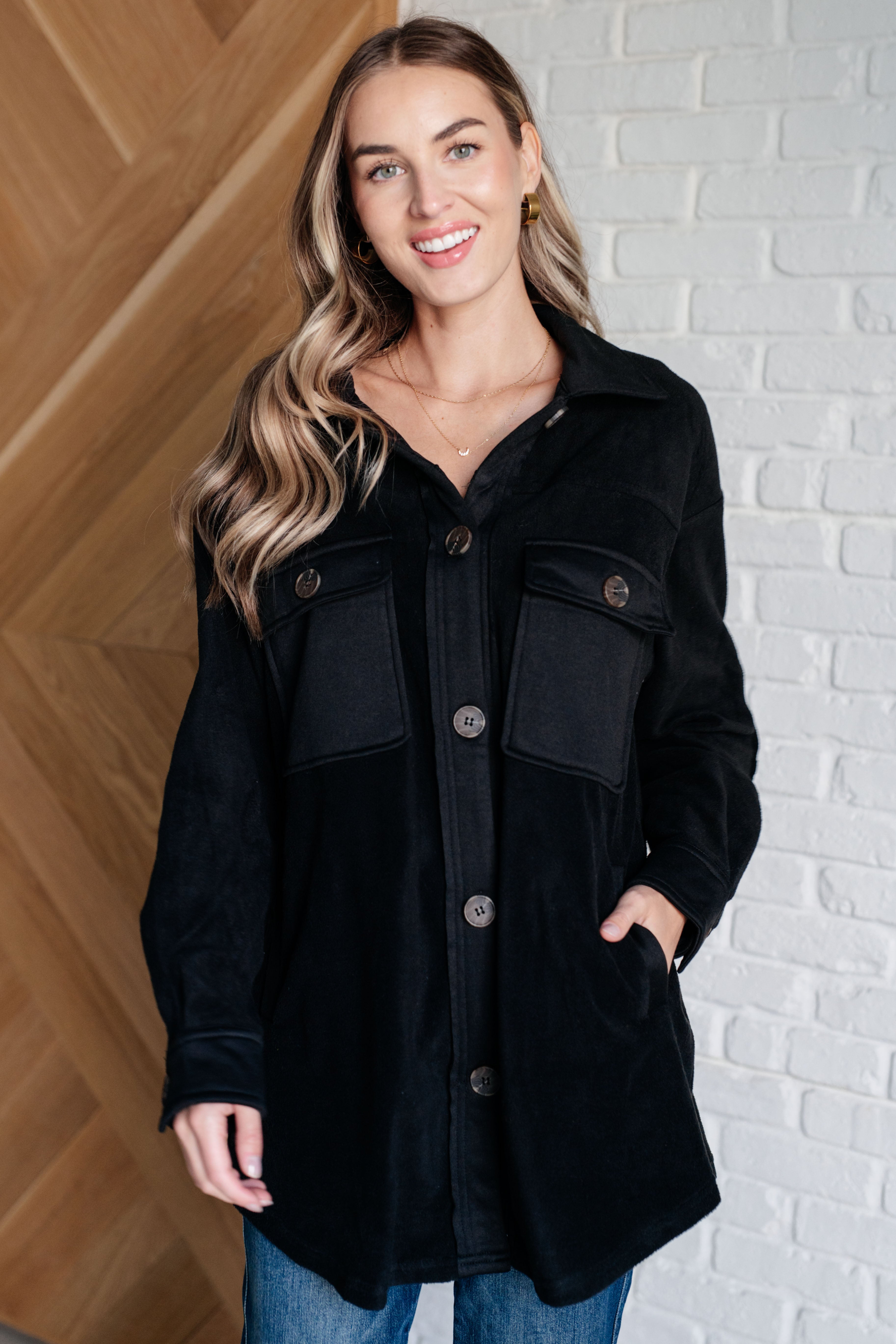 Oversized Fleece Shacket in Black