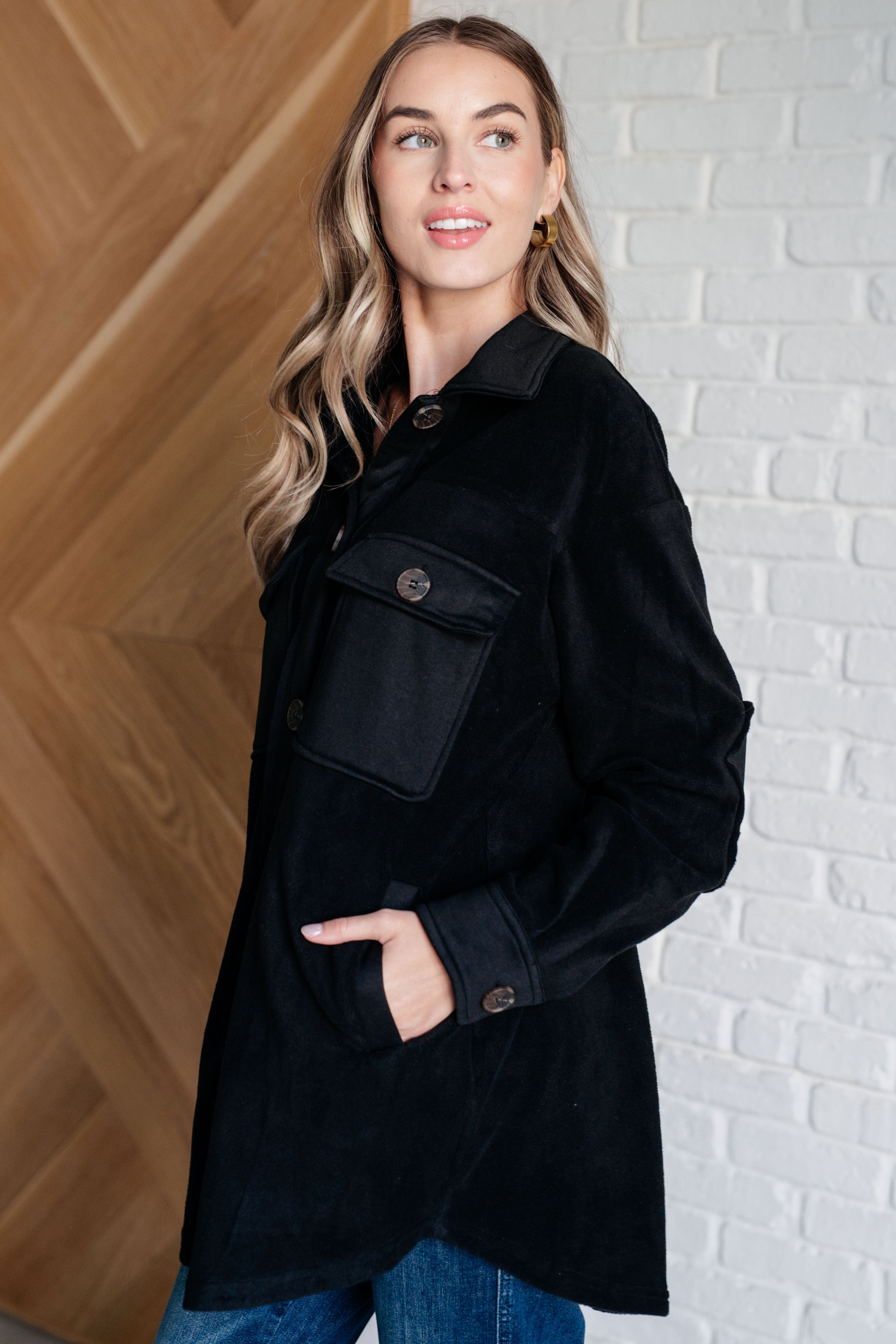 Oversized Fleece Shacket in Black