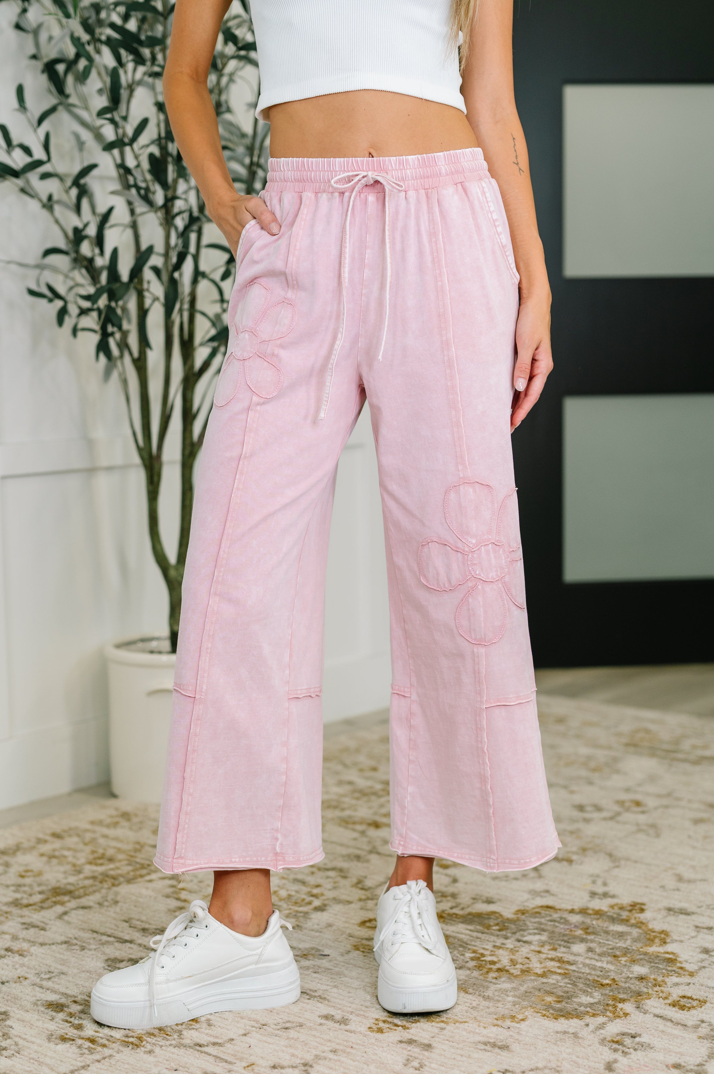 PREORDER: Flower Applique Cropped Flare Bottoms in Light Pink 100 Cotton