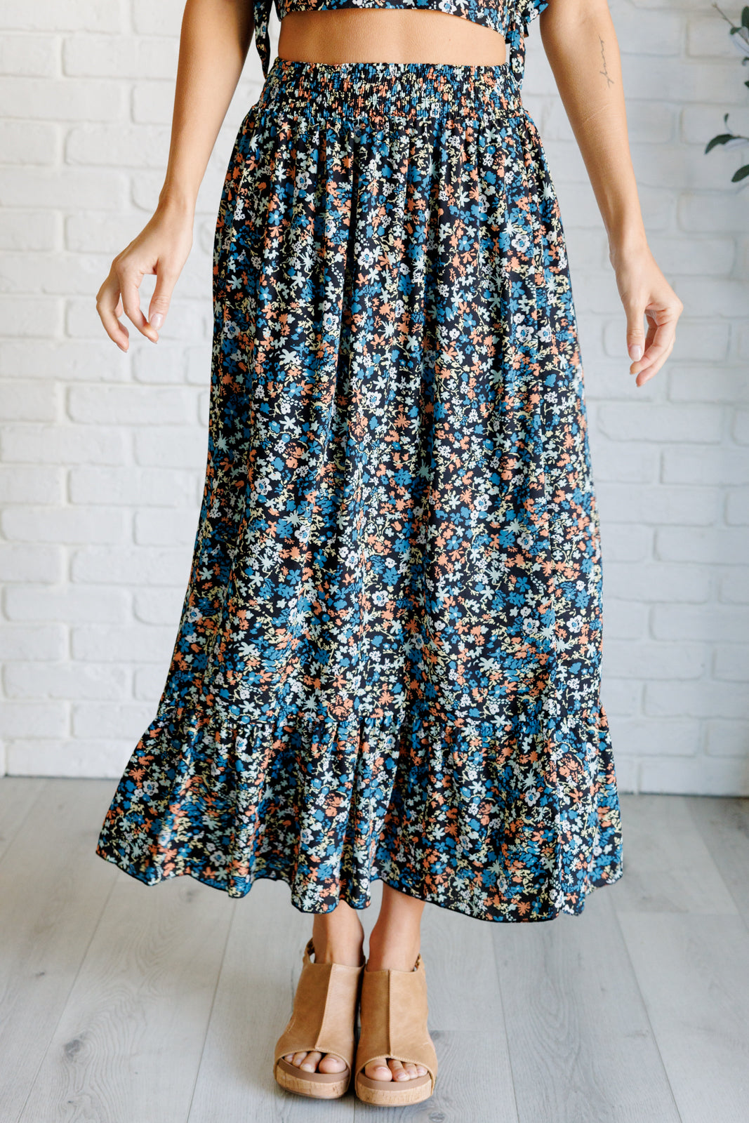 Flutter of Florals V-Neck Crop Top and Skirt Set