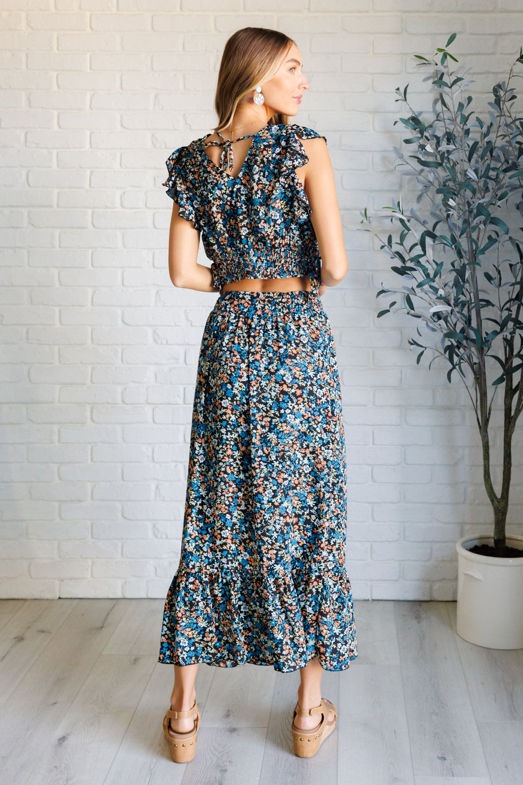 Flutter of Florals V-Neck Crop Top and Skirt Set