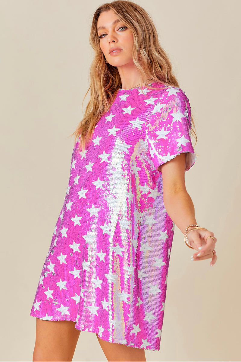 Sequin Shirt Dress in Swifty Pink & Silver Stars