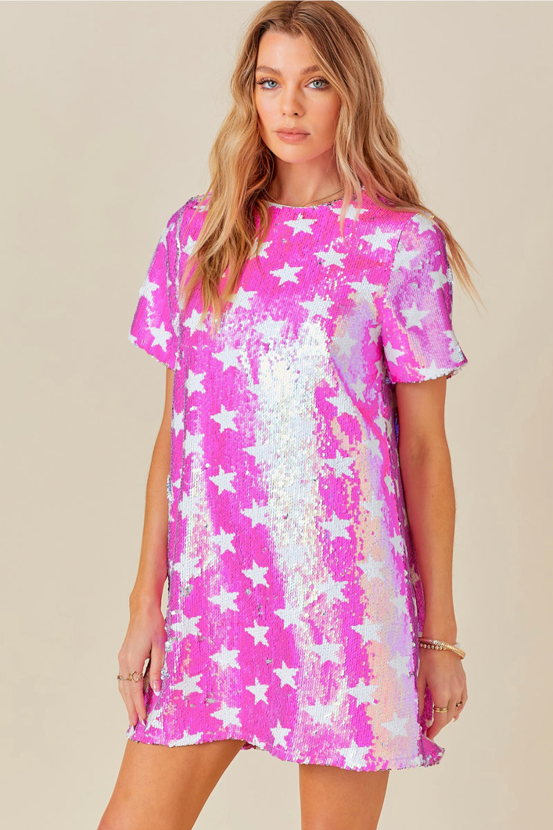 Sequin Shirt Dress in Swifty Pink & Silver Stars -SALE- (SIZE SMALL LEFT)