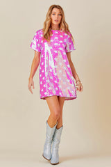 Sequin Shirt Dress in Swifty Pink & Silver Stars