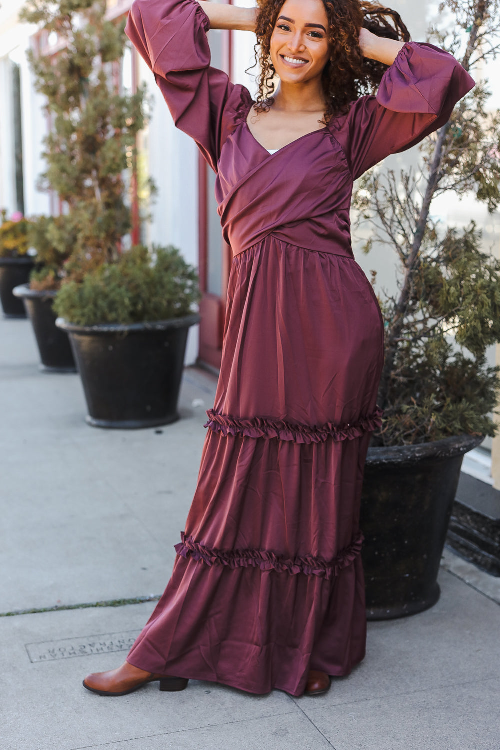 Goddess Holiday Vibes Wine Satin Front Overlap Smocked Back Maxi Dress