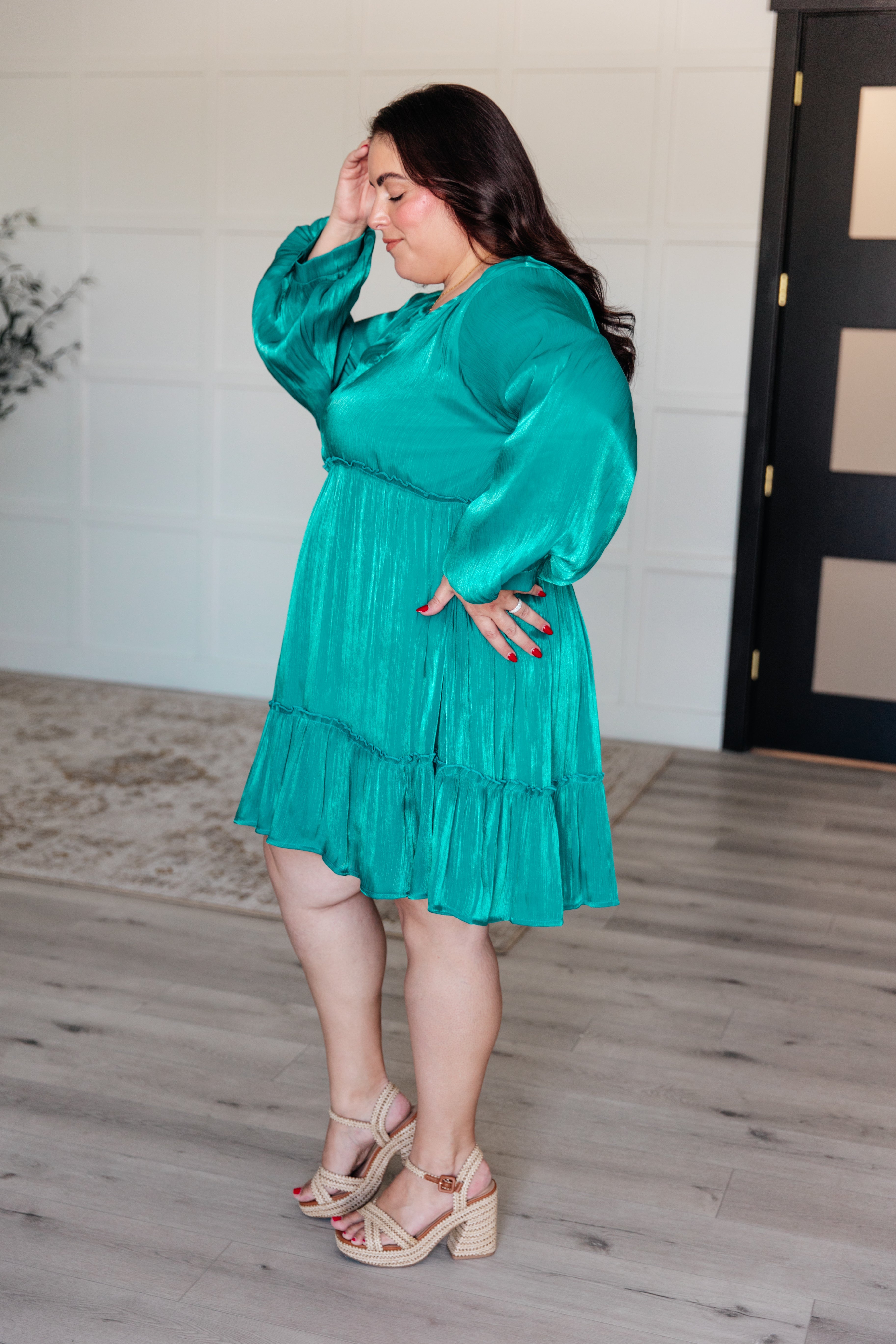 Teal Balloon Sleeve Dress