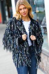 Dazzling Black & Multicolor Fuzzy Fringe Knit Cardigan
