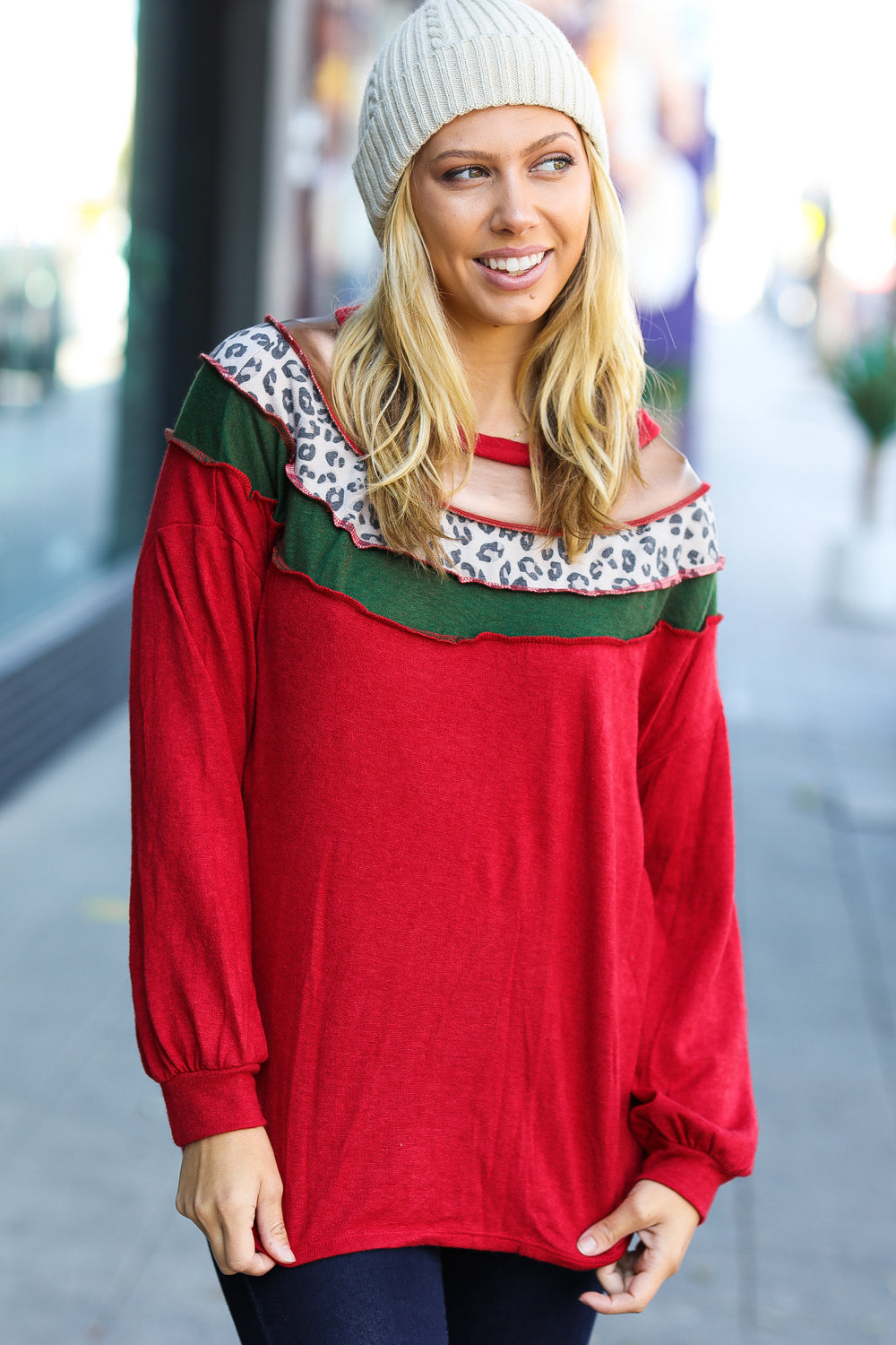 Christmas Red Terry Hacci Color Block Pullover