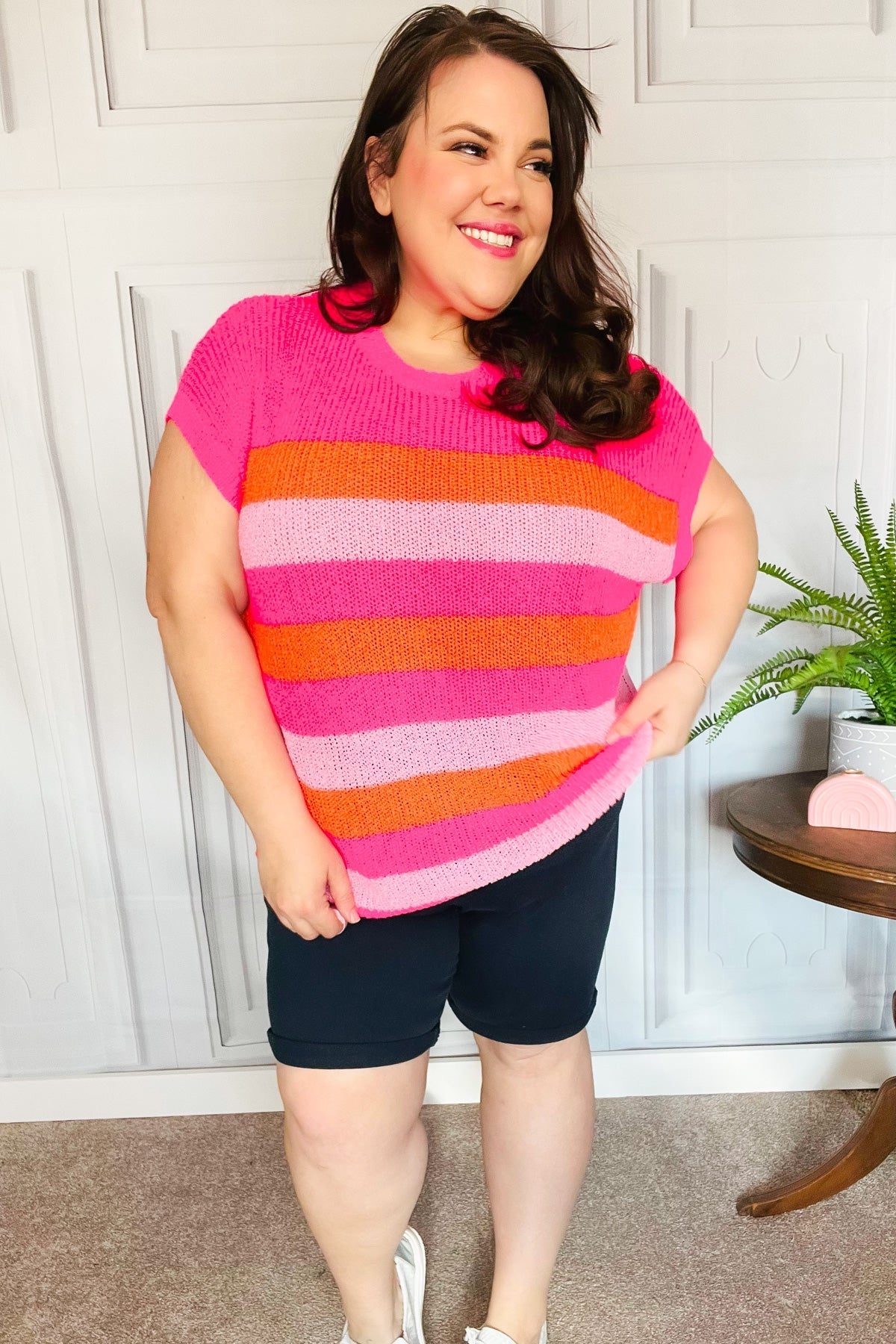 Feeling Bold Fuchsia & Orange Stripe Short Sleeve Dolman Sweater -SALE-