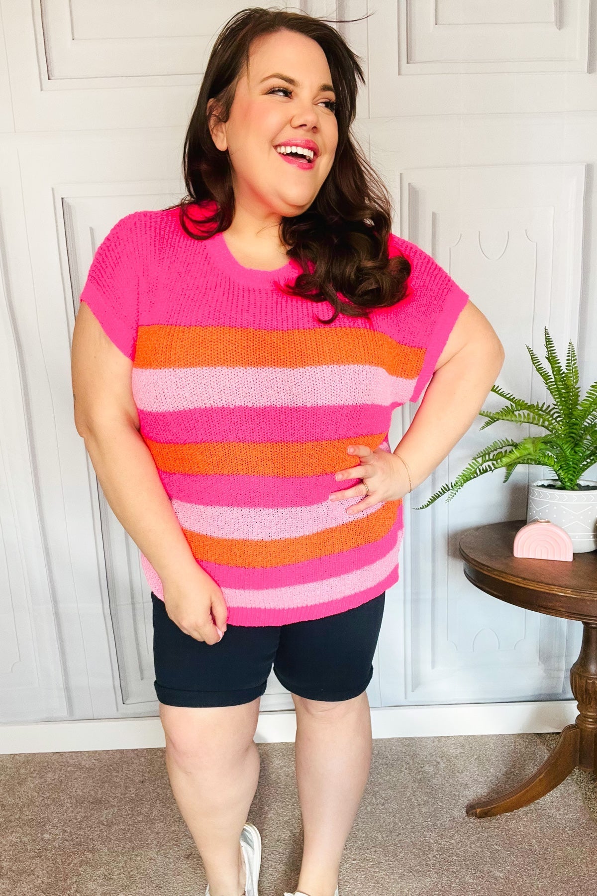 Feeling Bold Fuchsia & Orange Stripe Short Sleeve Dolman Sweater -SALE-