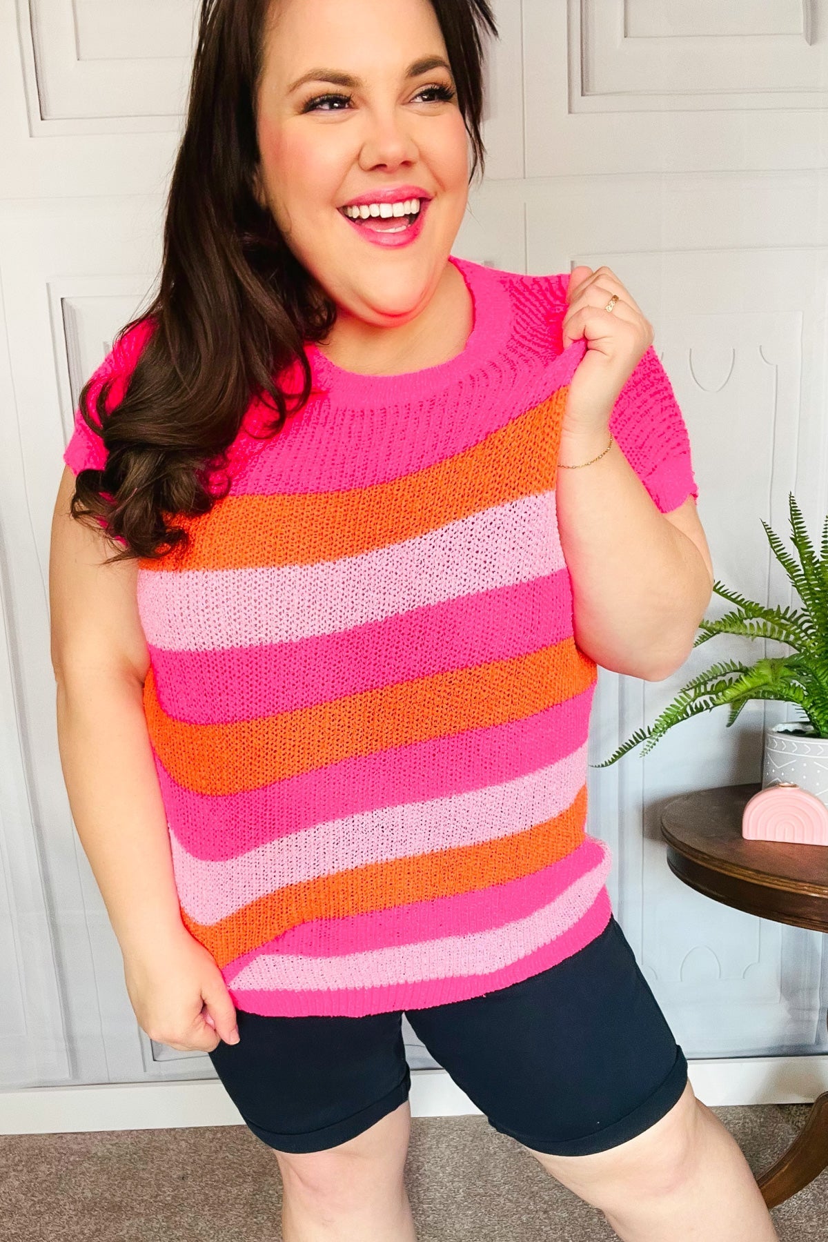 Feeling Bold Fuchsia & Orange Stripe Short Sleeve Dolman Sweater -SALE-